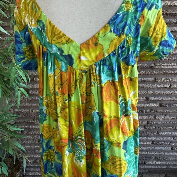 Alice Polynesian Fashions 60s Colorful Floral Tiki Maxi Muumuu Caftan Dress - Picture 4 of 10
